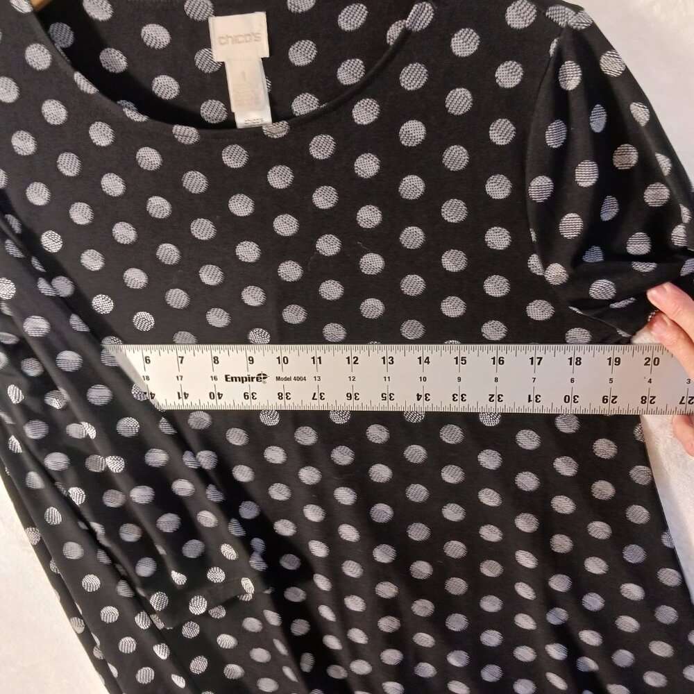 Chico's, Solar Polka Dots, Small, Black & White Tunic Top, HI-Low, Elbow Sleeves - Picture 7 of 14